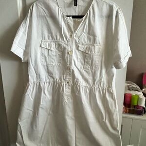 Zara White Short Sleeve Button-Up Dress